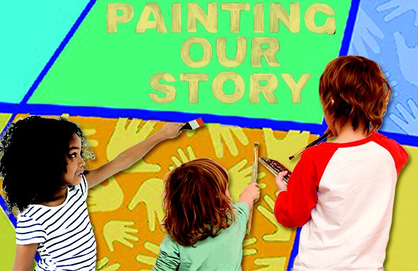 Three children sta holding paint nding in front of a blue and yellow wall featuring handprints and the text "Painting our Story."