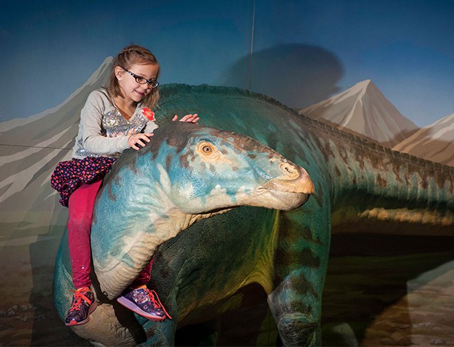 Child sitting on top of a large model dinosaur. 