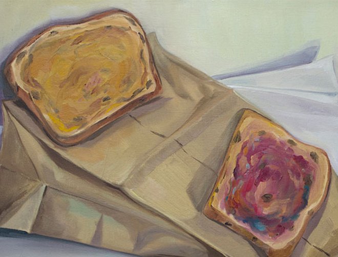 A painting of a brown paper bag, and two slices of bread laying on top of the bag. One slice has peanut butter spread, the other has jelly. 