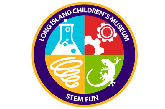 A graphic patch divided into four sections including a blue beaker, red cogs, yellow hurricane, and green lizard. The text on top of the patch is "Long Island Children's Museum" and the text on the bottom is "STEM Fun." 