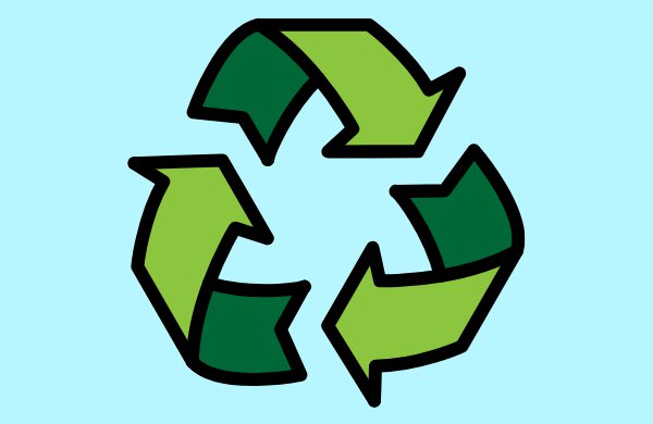 Graphic of green recycling symbol against a blue background.