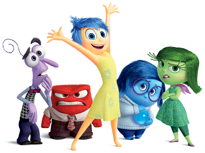 Graphics of characters Fear, Anger, Joy, Sadness and Disgust from Pixar's Inside Out. 
