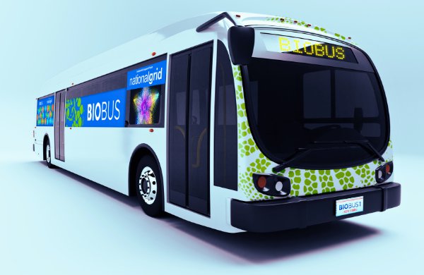 BioBus Mobile Lab science bus, set on a blue background. 