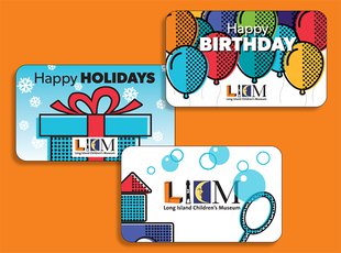 Three tiered graphic gift cards; one with balloons and "Happy Birthday", a second with blue present and "Happy Holidays", and a third with a bubble wand, blocks and LICM logo. 