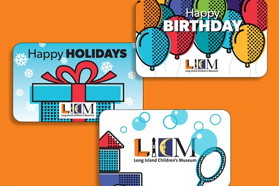 Three tiered graphic gift cards; one with balloons and "Happy Birthday", a second with blue present and "Happy Holidays", and a third with a bubble wand, blocks and LICM logo. 