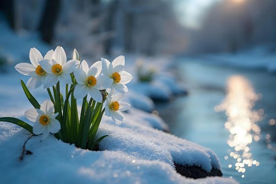 Daffodils poking out of snow on the left, with a river on the right.m