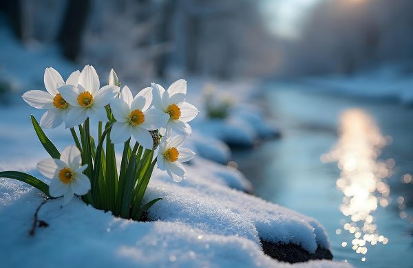 Daffodils poking out of snow on the left, with a river on the right.m