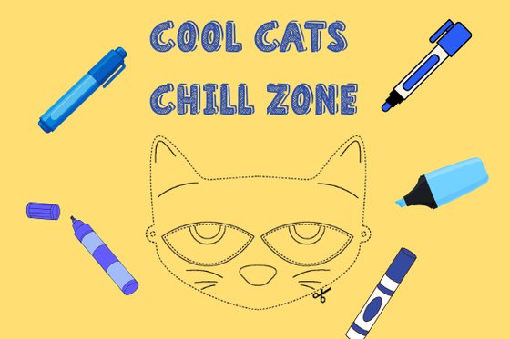 Drawing template of Pete the Cat's face on yellow background with text "Cool Cats Chill Zone" and multiple graphics of blue markers. 