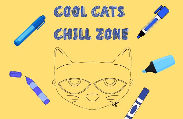Drawing template of Pete the Cat's face on yellow background with text "Cool Cats Chill Zone" and multiple graphics of blue markers. 