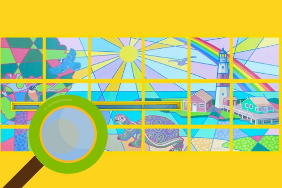 LICM's mural cut into a grid against a yellow background featuring a graphic of a magnifying glass in the bottom left corner. 