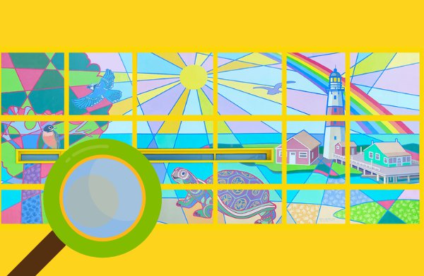 LICM's mural cut into a grid against a yellow background featuring a graphic of a magnifying glass in the bottom left corner. 