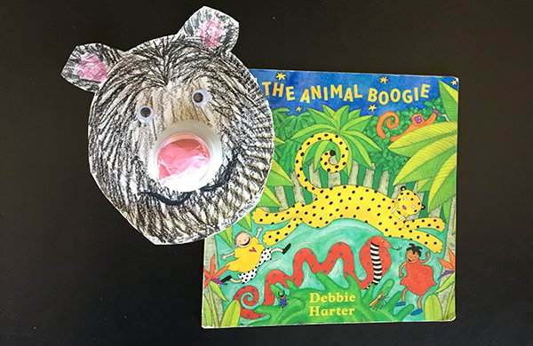 The book Animal Boogie with an bear made of paper plate. 