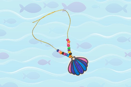A necklace with multicolored beads and a paper shell against a graphic of water and fish. 