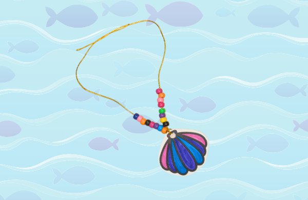 A necklace with multicolored beads and a paper shell against a graphic of water and fish. 