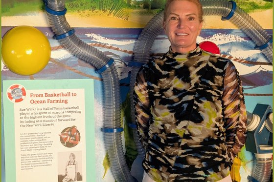 Sue Wicks stands inside museum exhibit, next to poster titled "From Basketball to Ocean Farming".