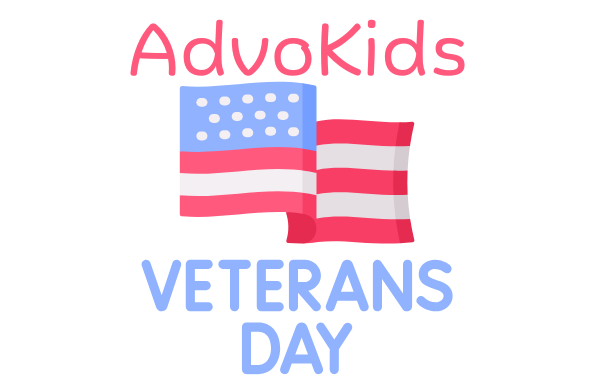 Graphic of text "AdvoKids Veterans Day" and a waving American flag. 