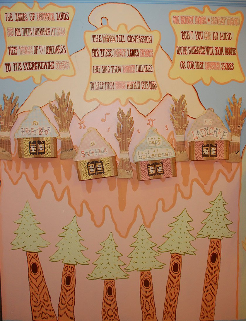 A mural featuring homes, trees with music notes, and a mountain. The mural also includes three quotes. 