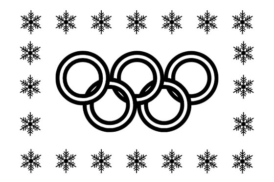 Black and white graphic of the Olympic rings surrounded by snowflakes.