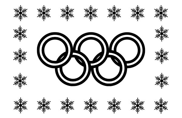 Black and white graphic of the Olympic rings surrounded by snowflakes.