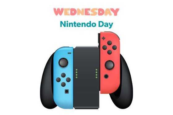 Text "Wednesday Nintendo Day" with red and blue Nintendo Switch controllers. 