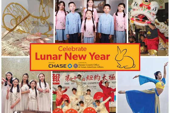 Collage of six photos featuring sugar painting, artists, a large dragon puppet with the text "Celebrate Lunar New Year", a outline of a rabbit, and the logo for Chase bank, and the Nassau County Office of Asian American Affairs. 
