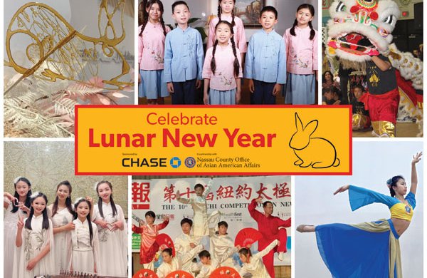 Collage of six photos featuring sugar painting, artists, a large dragon puppet with the text "Celebrate Lunar New Year", a outline of a rabbit, and the logo for Chase bank, and the Nassau County Office of Asian American Affairs. 