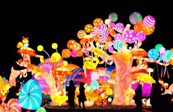A variety of colorful, glowing lanterns. 