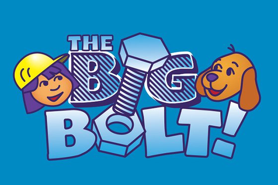 The text "The Big Bolt" written in large blue letters. To the left is a young cartoon-style girl wearing a construction hat, to the right a brown cartoon-style dog.