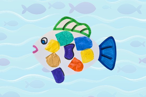 A paper colorful fish decorated with tissue paper scales against a graphic of water and fish. 