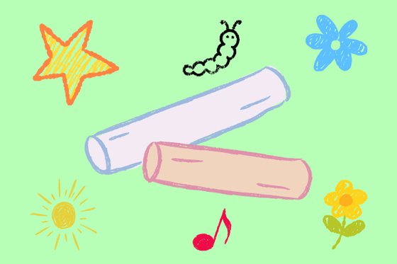 Graphics of a blue and pink piece of chalk surrounds by chalk pictures of a star, caterpillar, flowers, sun and musical note. 