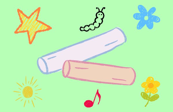 Graphics of a blue and pink piece of chalk surrounds by chalk pictures of a star, caterpillar, flowers, sun and musical note. 