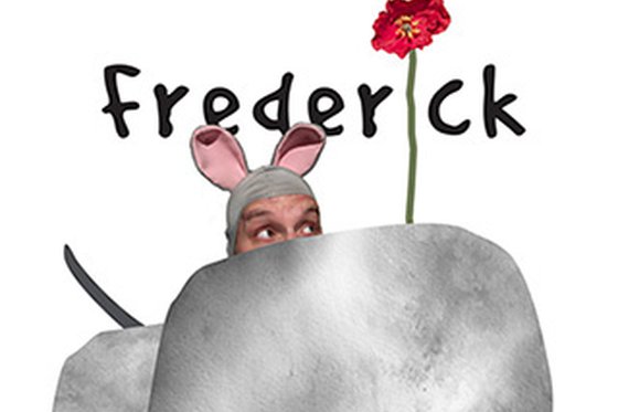 Text "Frederick" with a flower as the 'I' above rocks and a person wearing mouse ears. 