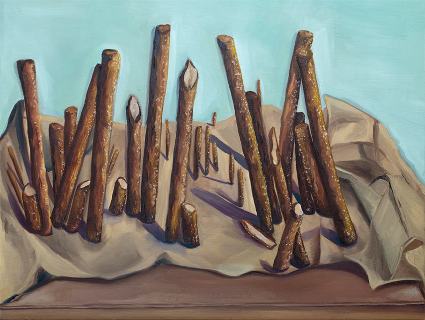 Painting of full and broken pretzel sticks on top of a crumpled brown paper bag. 