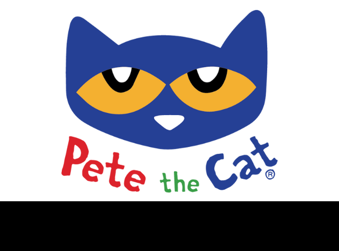 Graphic of Pete the Cat with text "Pete the Cat" in red, green, and purple. 