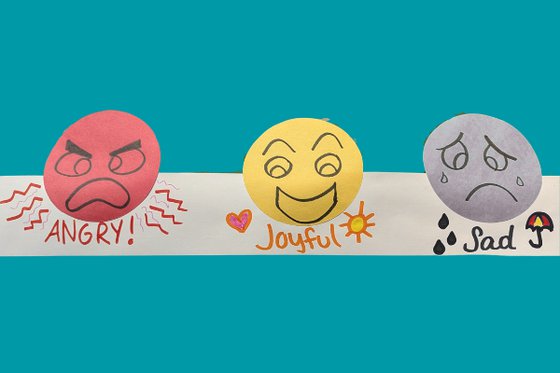 Three paper faces showing anger in red, joy in yellow and sadness in grey on a white paper hat.