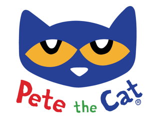 Graphic of Pete the Cat with text "Pete the Cat" in red, green, and purple. 