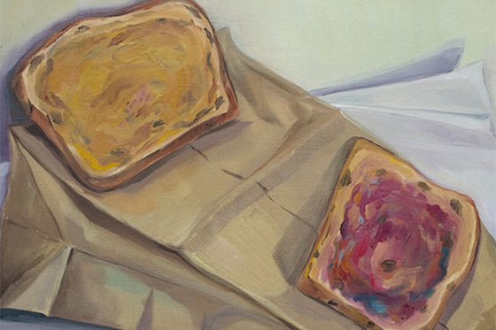 A painting of a brown paper bag, and two slices of bread laying on top of the bag. One slice has peanut butter spread, the other has jelly. 