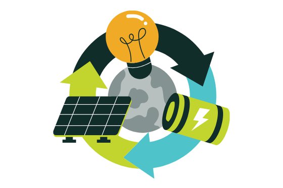 Grey planet graphic with battery, lightbulb, and solar panel in a interlocking circle with three curved arrows. Arrows are colored black, green and blue. 