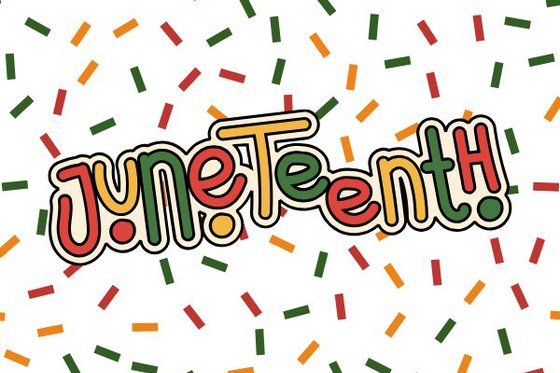Graphic of text Juneteenth in red, yellow and green in the foreground and red, yellow and green sprinkles in the background. 