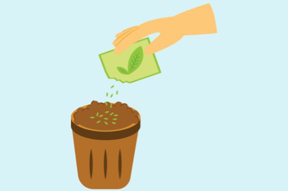 Graphic of a small pot filled with dirt and a hand pouring seeds from a bag into the pot. 