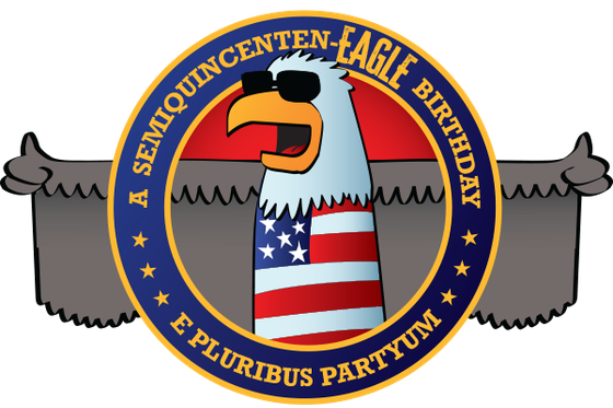 Logo of a graphic eagle wearing sunglasses and a American flag shirt circled by a blue circle with yellow text "A semiquincenten-eagle birthday on the top and E Pluribus Partyum." 