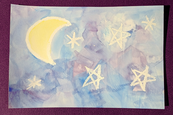 A watercolor painting featuring a night sky with stars and a crescent moon. 