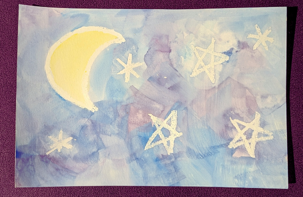A watercolor painting featuring a night sky with stars and a crescent moon. 