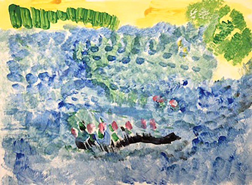 An artist rendering of a Monet featuring a painted sea, sky and trees. 