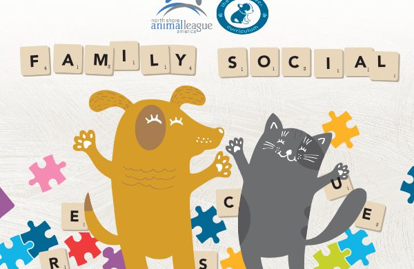 A cartoon image of a yellow dog, a purple cat, scattered colorful puzzle pieces and letter tiles with letter tiles on the top spelling "Family Social" and the North Shore Animal League America logo and the Mutt-i-gree logo.