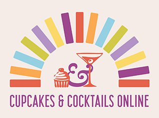 Event logo featuring phrase Cupcakes & Cocktails Online below the image of a cupcake and cocktail contained underneath an arch made of various colored blocks.