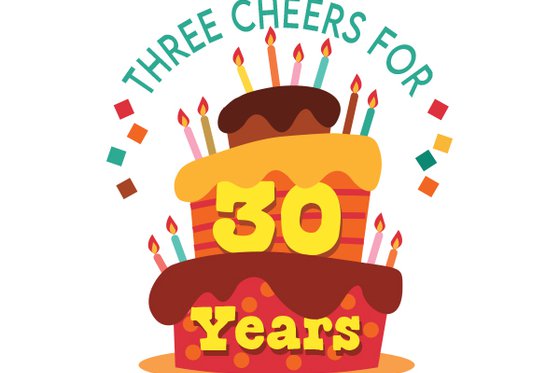 Graphic of text "Three Cheers for" above a three tiered cake with candles and "30 Years."