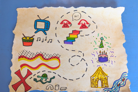 A handdrawn treasure map featuring clues. 