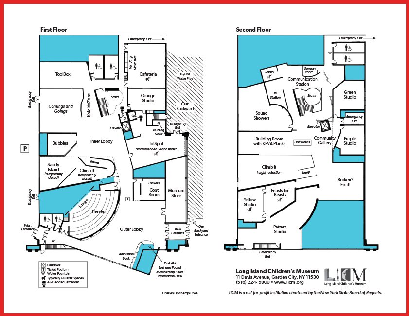 Map of first and second floor of LICM to indicate location of each exhibit, bathrooms, water fountains, theater and typically quieter spaces. 