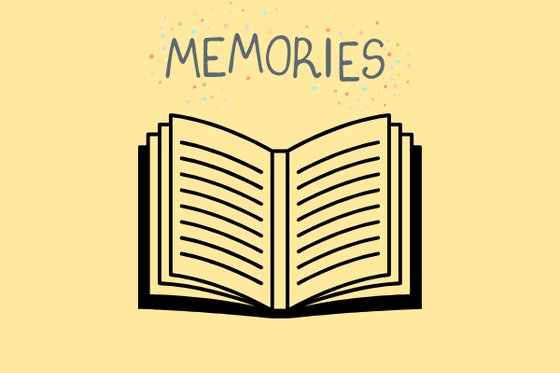 A graphic of a book with lines for writing against a yellow background and the text "Memories." 